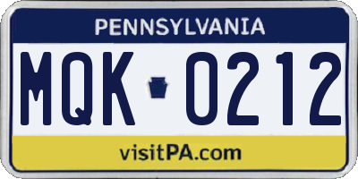 PA license plate MQK0212