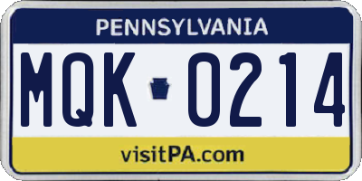 PA license plate MQK0214
