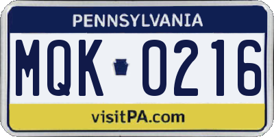 PA license plate MQK0216