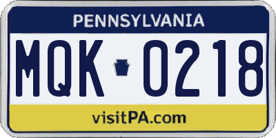 PA license plate MQK0218