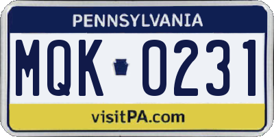 PA license plate MQK0231