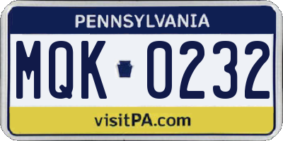PA license plate MQK0232