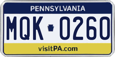 PA license plate MQK0260