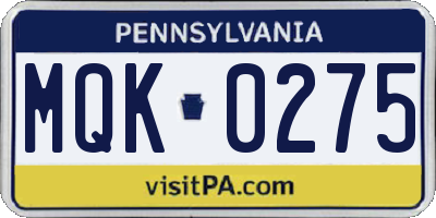 PA license plate MQK0275