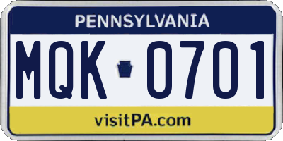 PA license plate MQK0701