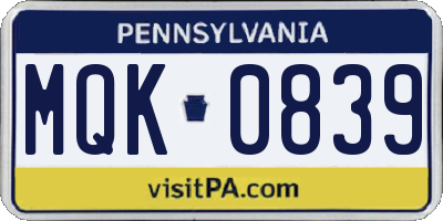 PA license plate MQK0839