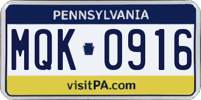 PA license plate MQK0916