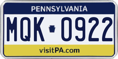 PA license plate MQK0922