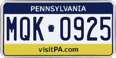 PA license plate MQK0925