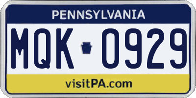 PA license plate MQK0929