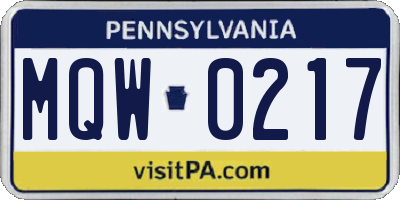 PA license plate MQW0217