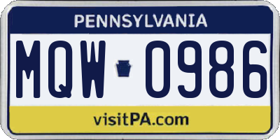 PA license plate MQW0986
