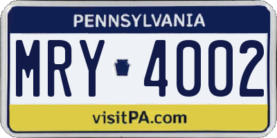 PA license plate MRY4002