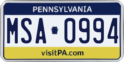 PA license plate MSA0994