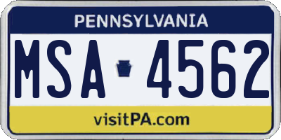 PA license plate MSA4562