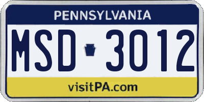 PA license plate MSD3012