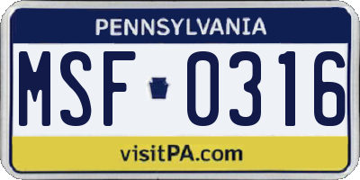 PA license plate MSF0316