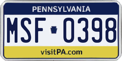 PA license plate MSF0398
