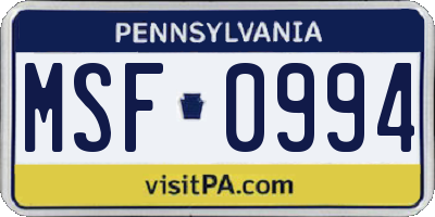 PA license plate MSF0994
