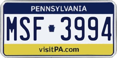 PA license plate MSF3994