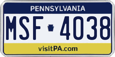 PA license plate MSF4038