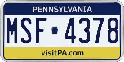 PA license plate MSF4378