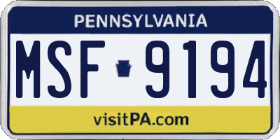 PA license plate MSF9194