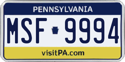 PA license plate MSF9994