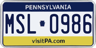 PA license plate MSL0986