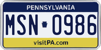 PA license plate MSN0986