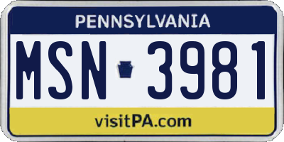 PA license plate MSN3981