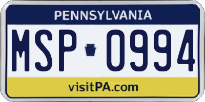 PA license plate MSP0994
