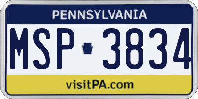 PA license plate MSP3834