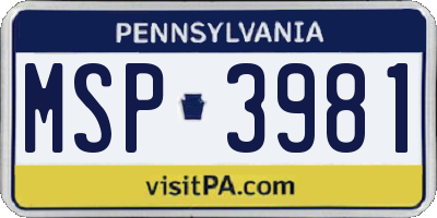 PA license plate MSP3981