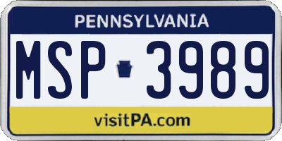 PA license plate MSP3989