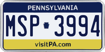 PA license plate MSP3994