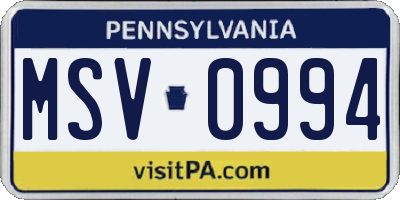 PA license plate MSV0994