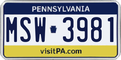 PA license plate MSW3981