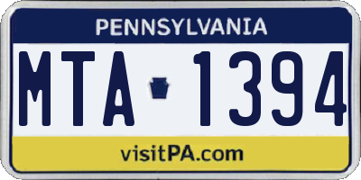 PA license plate MTA1394