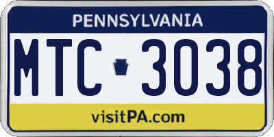 PA license plate MTC3038