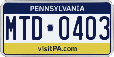 PA license plate MTD0403