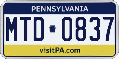 PA license plate MTD0837