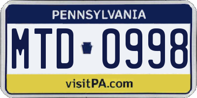 PA license plate MTD0998