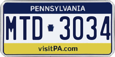 PA license plate MTD3034