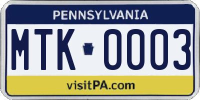 PA license plate MTK0003