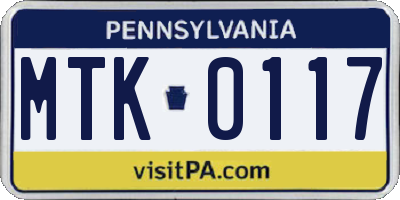 PA license plate MTK0117