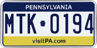 PA license plate MTK0194