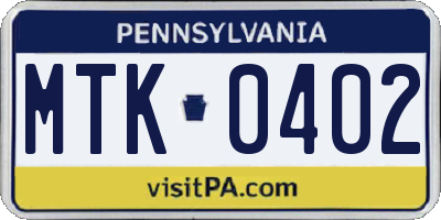 PA license plate MTK0402