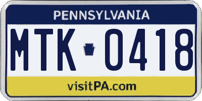 PA license plate MTK0418