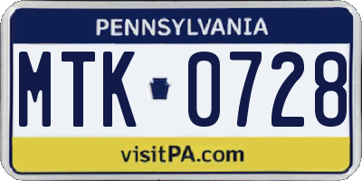 PA license plate MTK0728